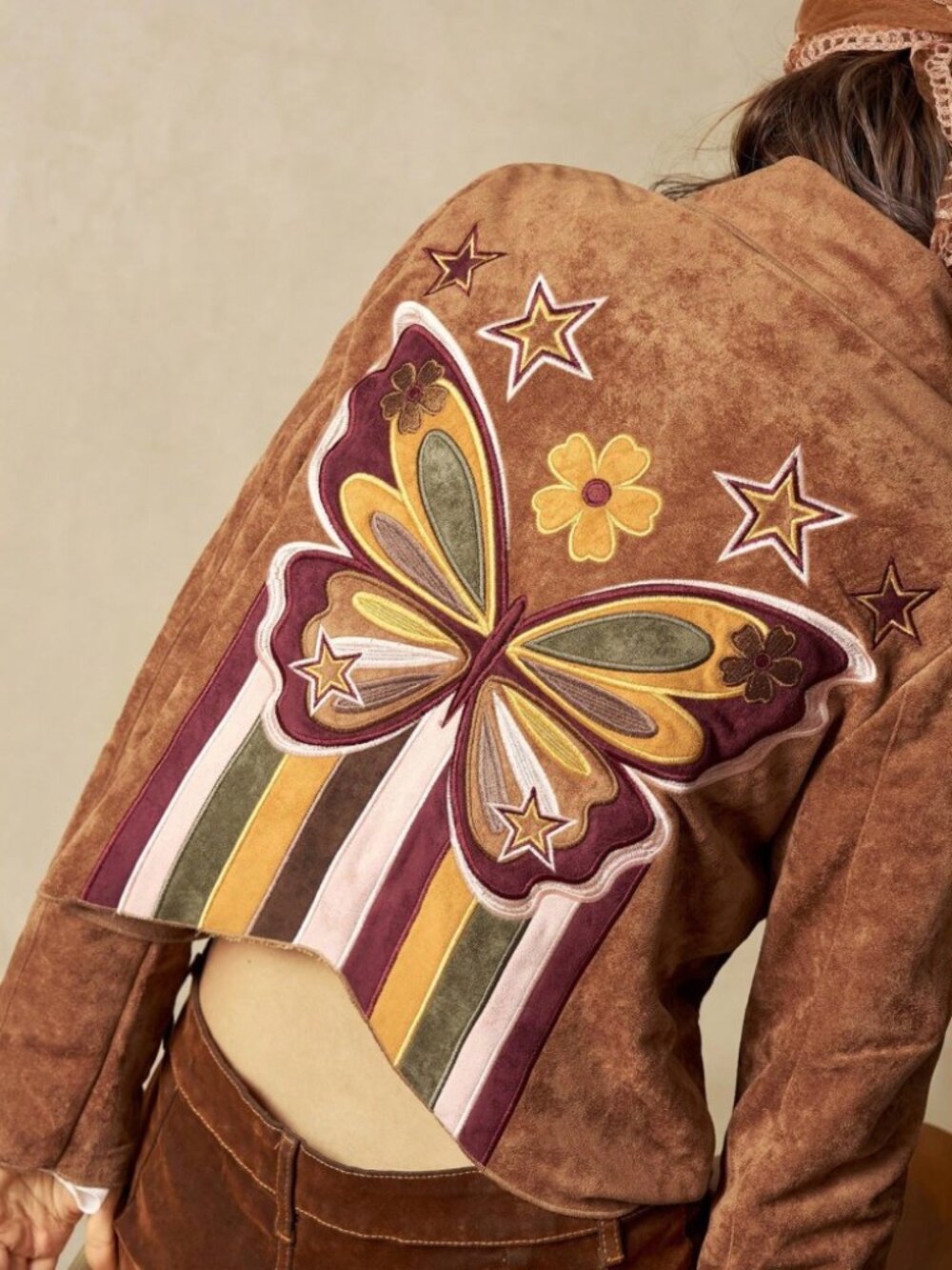 Brown Vegan Suede Butterfly Embroidered Cropped Trucker Jacket - Picture 7 of 8